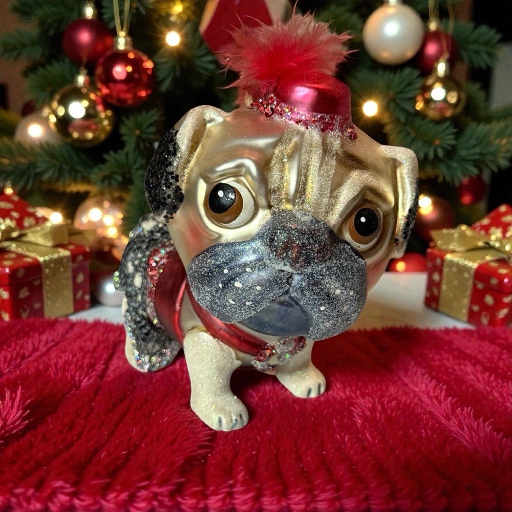 VTG Robert Stanley Anthropomorphic Blown Glass Pug Dog Christmas Ornament No Box